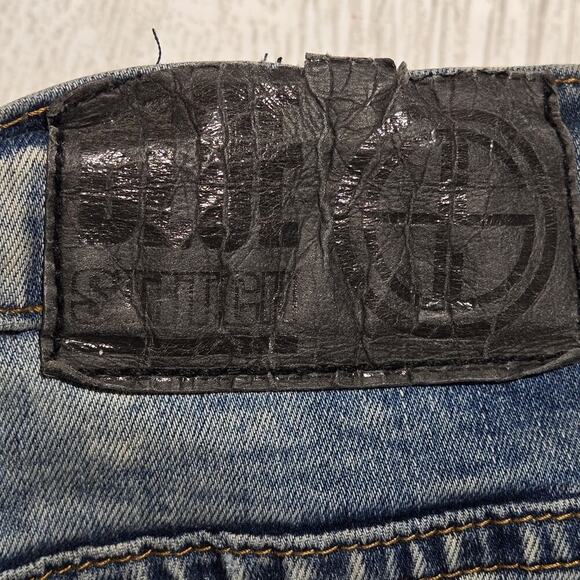 Blue Stitch Slim Straight Men's Blue Jeans Distressed 38W 32L Punk Grunge Skater - Picture 7 of 9